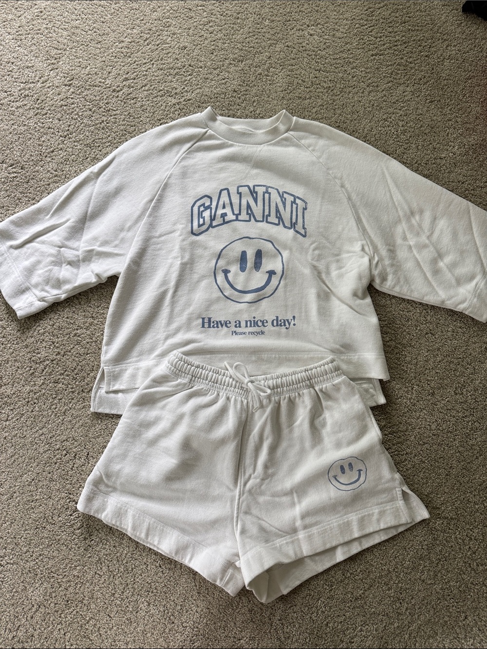 GANNI White Blue Short Sleeve and Short Sweat Set S/M